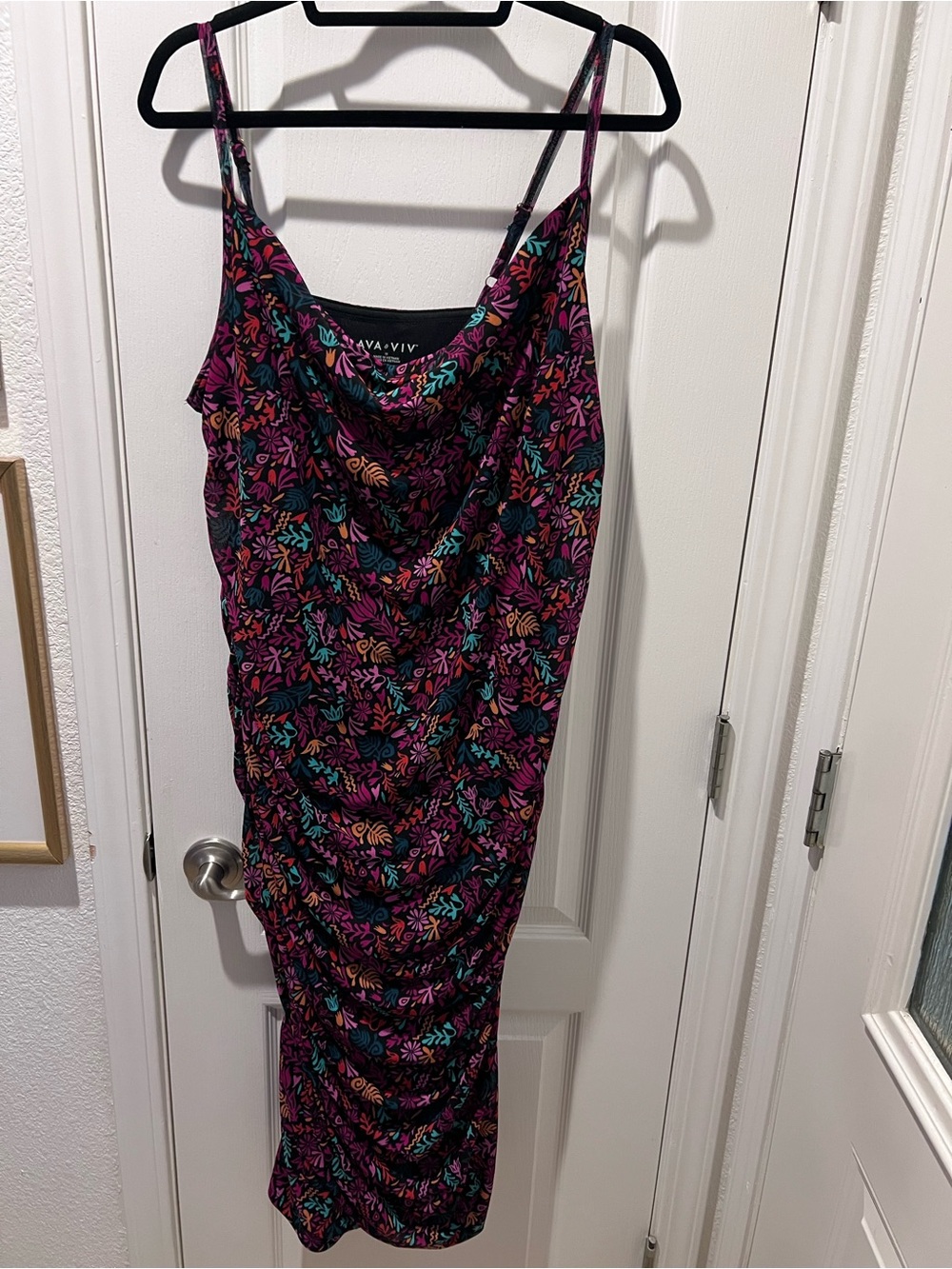 Ava & Viv Black Multicolor Floral Cowl Neck Ruched Stretch Midi Dress 1X